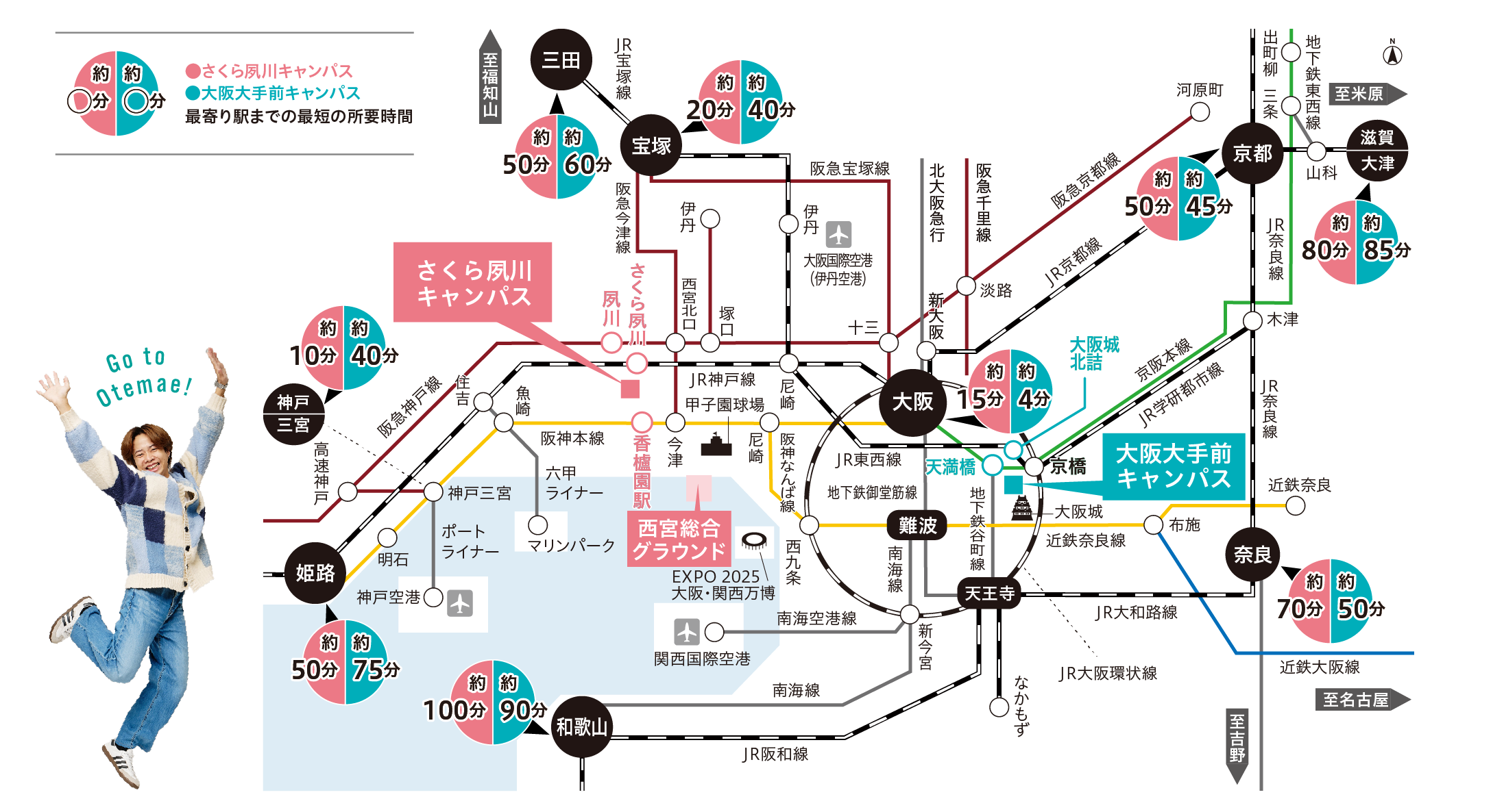 近畿エリア全域から通学できる！好アクセスな2キャンパス。の路線図